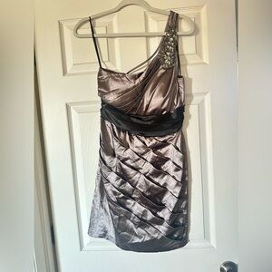 Speechless One-Shoulder Dress in Metallic Bronze and Black
